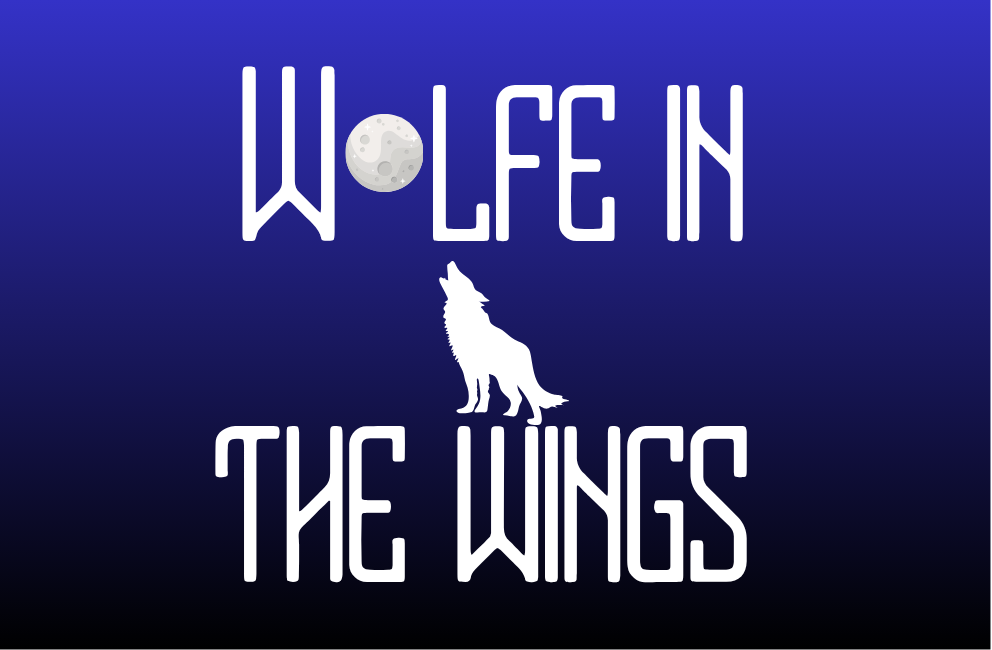 Wolfe in the Wings — white lettering, moon and howling wolf on a blue-to-black background